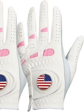 Amy Sport Women's White & Pink Leather Left Handed Golf Gloves Ball Marker 2pk-S